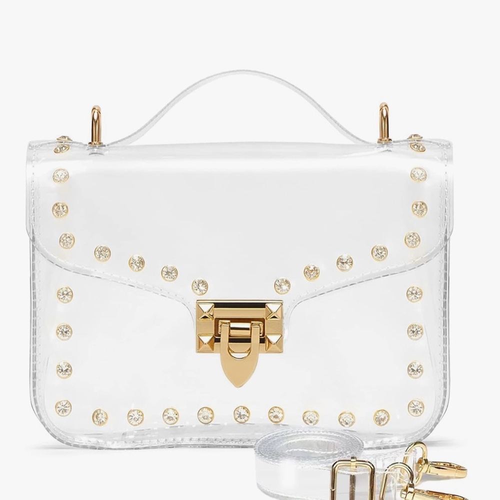 Clear stadium bag, small crossbody, with gold studs, super cute concert or game